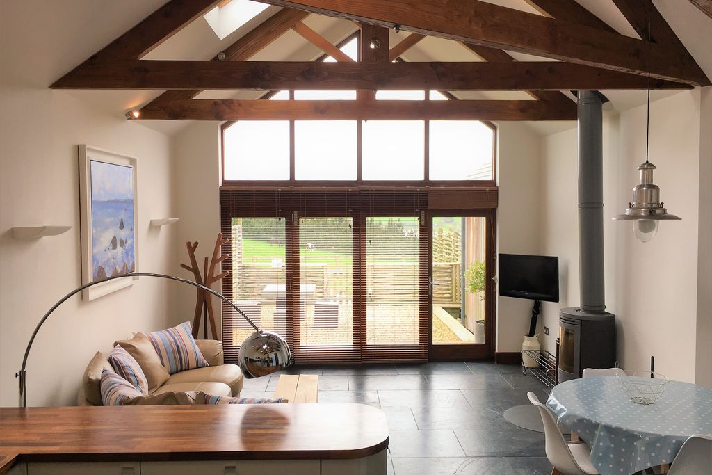 Open plan kitchen and lounge with a log burner and doors opening out on to the garden