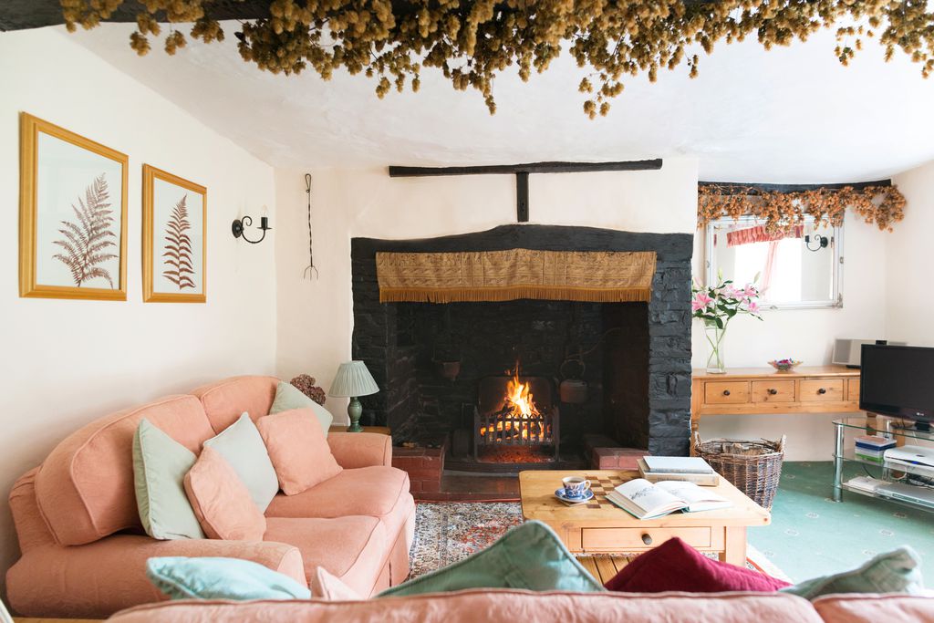 Horry Mill Devon cosy living room with a fire burning in the cottage fireplace