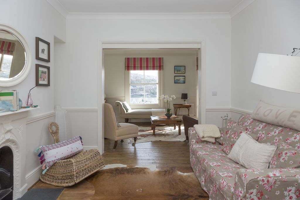 Living room and view out onto Fowey Cornwall