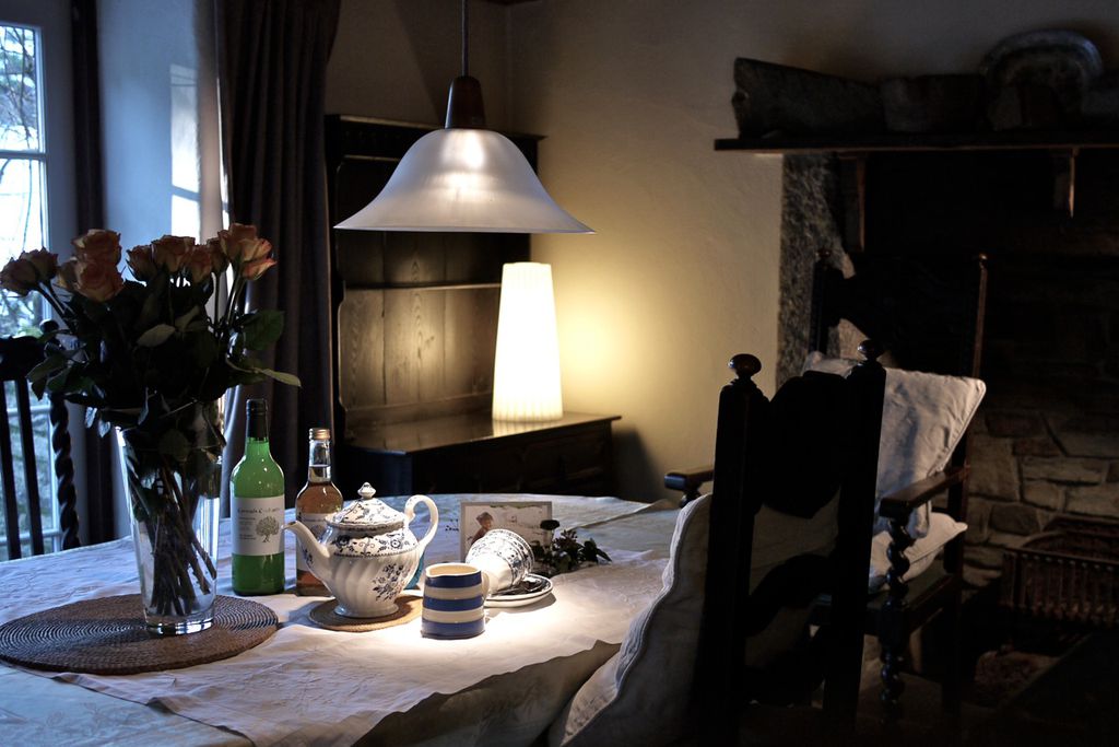 Traditional dining room with teapot and cups on the table