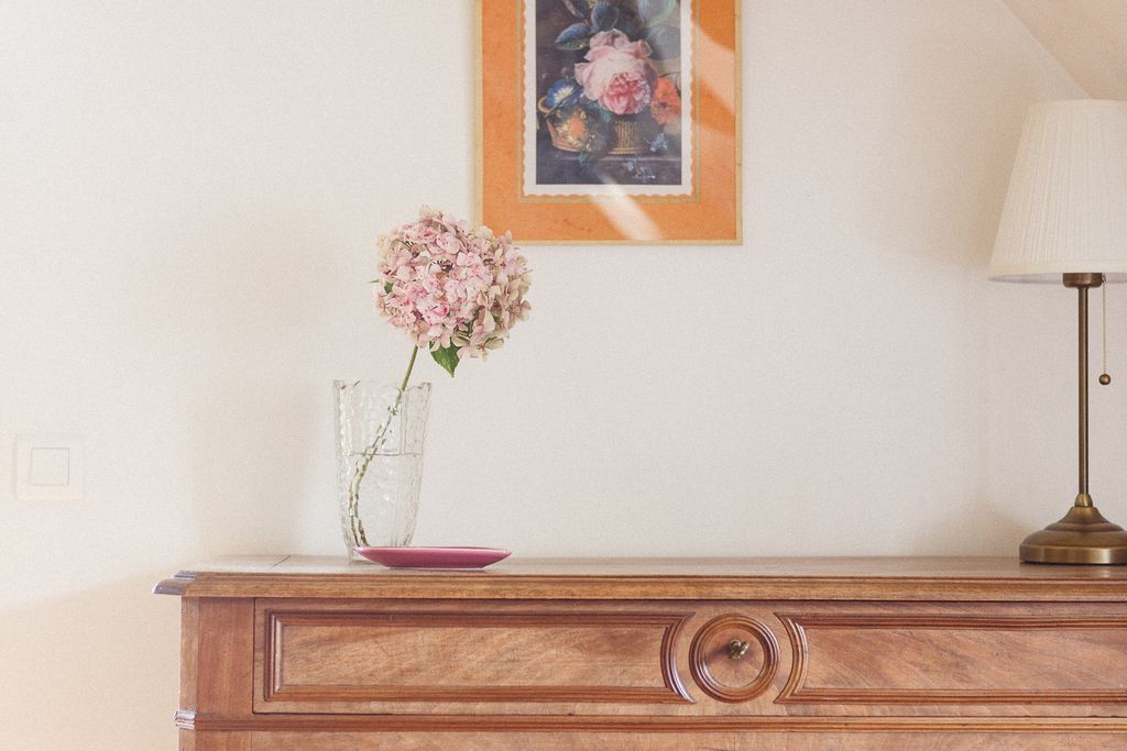 Flower on top of chest of drawers