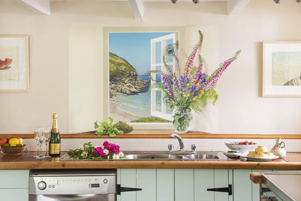 Wall mural above the sink in the kitchen at Higher Grogley Farm in Cornwall