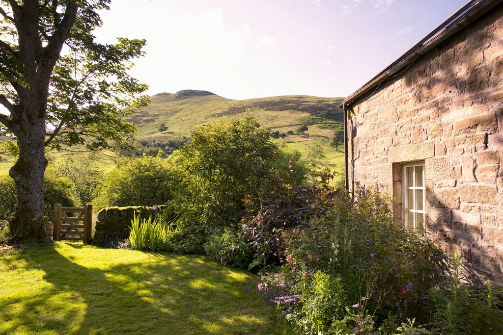 Stood in the lush, wild garden at Steading Cottage in Penicuik, Scotland with views of the surrounding mountains
