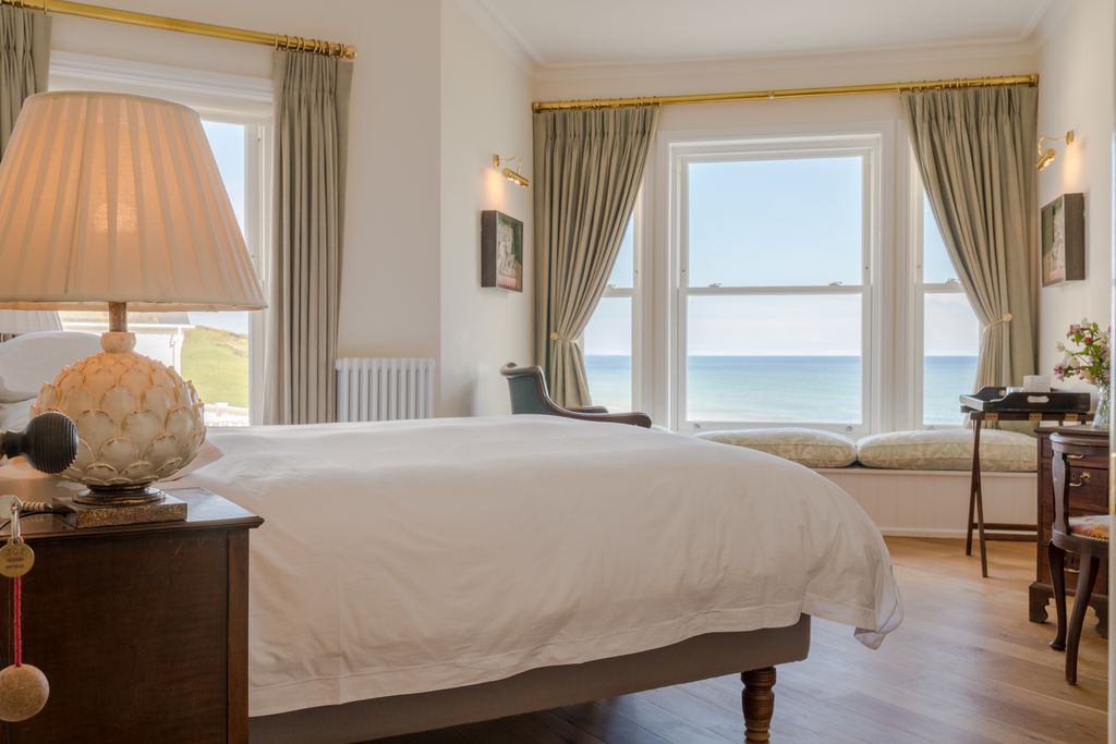 Stylish double bedroom with sea views at The Seaside Boarding House, Restaurant and Bar in Dorset