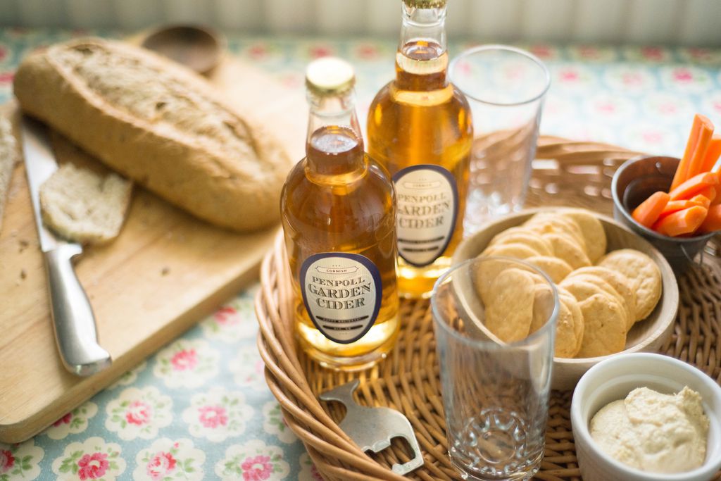 Cornish Penpoll garden cider with bread carrots and humus