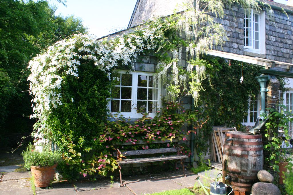 View of the exterior of the cottage cover in foliage 