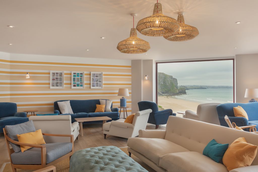 Ocean room lounge area with sea views at Watergate Bay Hotel