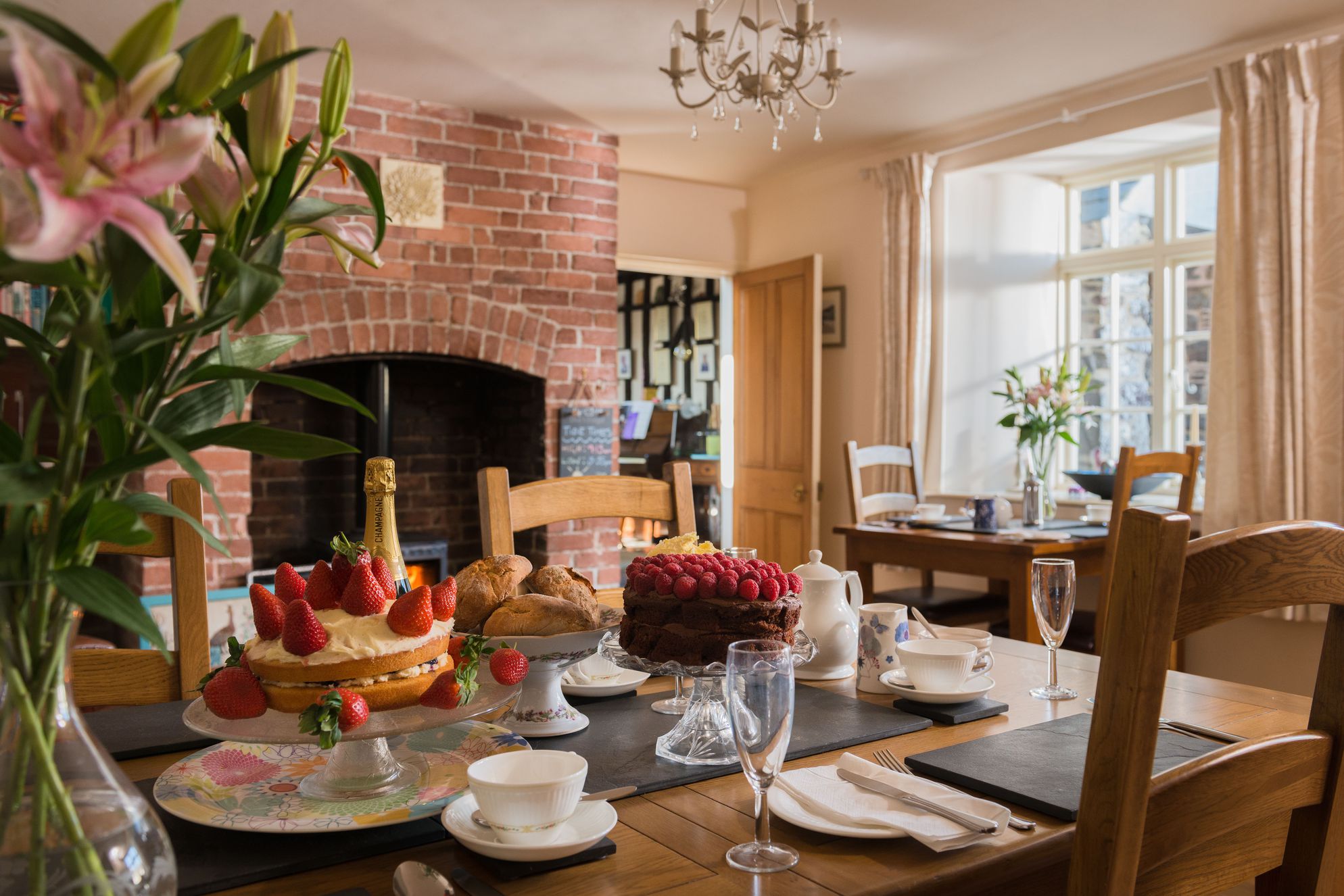 Cosy dining room with log burner