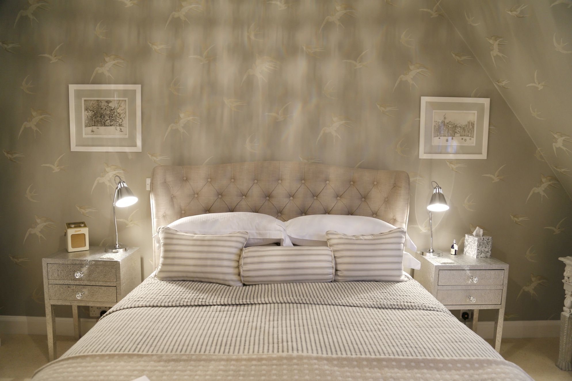 Modern yet cosy neutrally-toned bedroom at Greenhill House in Lyme Regis, Dorset