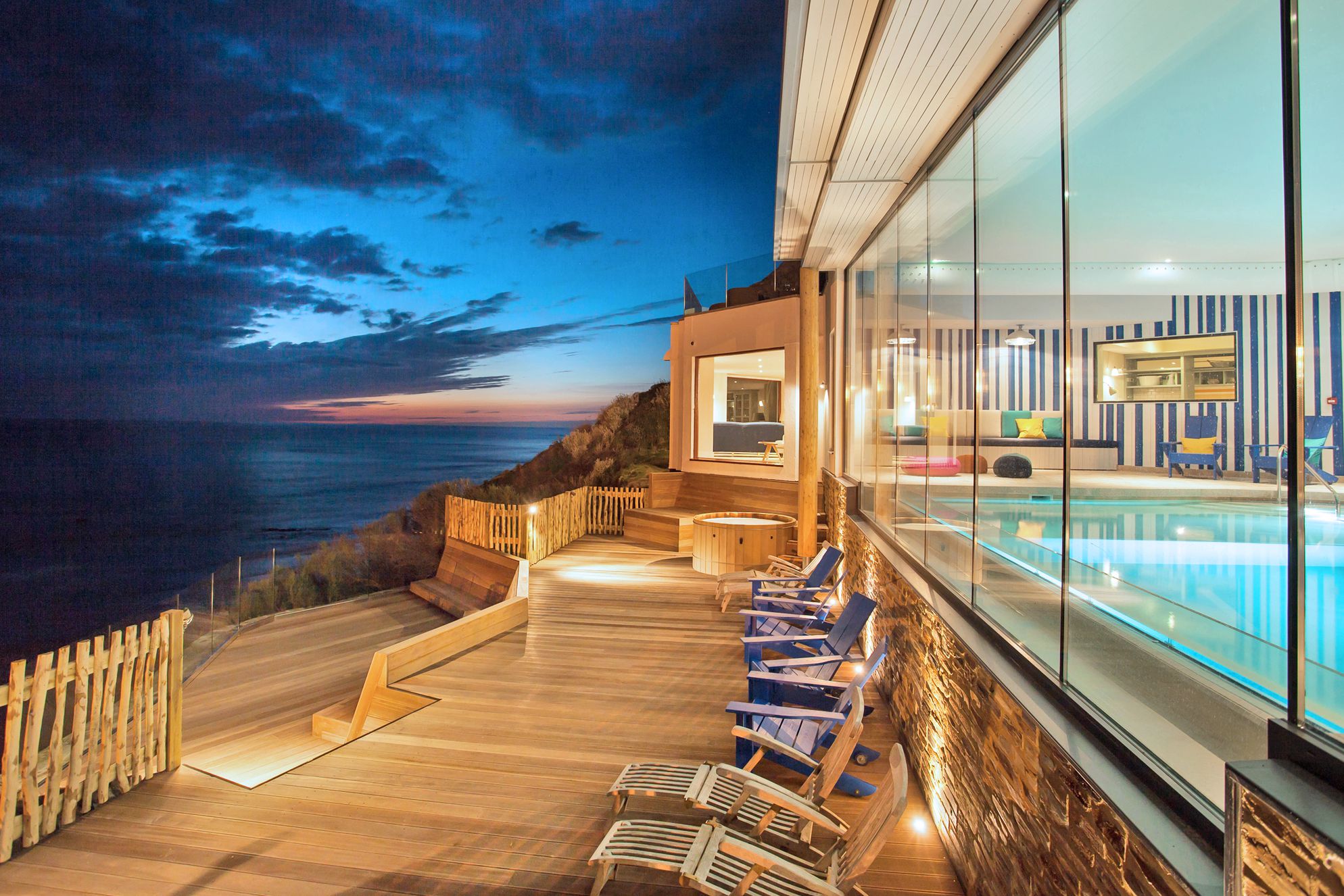 Pool terrace with beautiful sea view at Watergate Bay Hotel in Cornwall