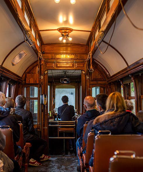 Tim Moore Porto to Lisbon tram car inside Porto